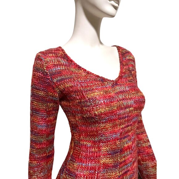 Y2K Babydoll Knit Tunic Sweater M Rainbow Pockets Plunge Neck Cozy Fairy Cabin - Picture 4 of 7